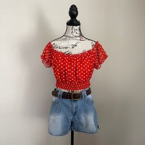 boho orange polka dot off shoulder crop top